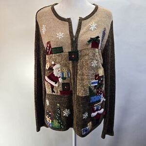 Vintage Brown Zip-Up Sweater with Holiday Motifs By Tiara International. Medium